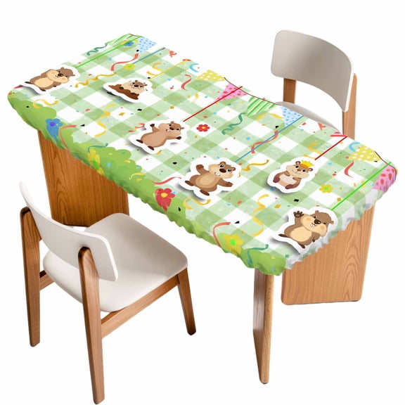 Groundhog Day Table Cloths for 5 Foot Rectangle Tables, Colorful Ribbon Green Plaid Spring Patio Waterproof Elastic Fitted Tablecloths, Washable Rectangular Table Cover for Camping