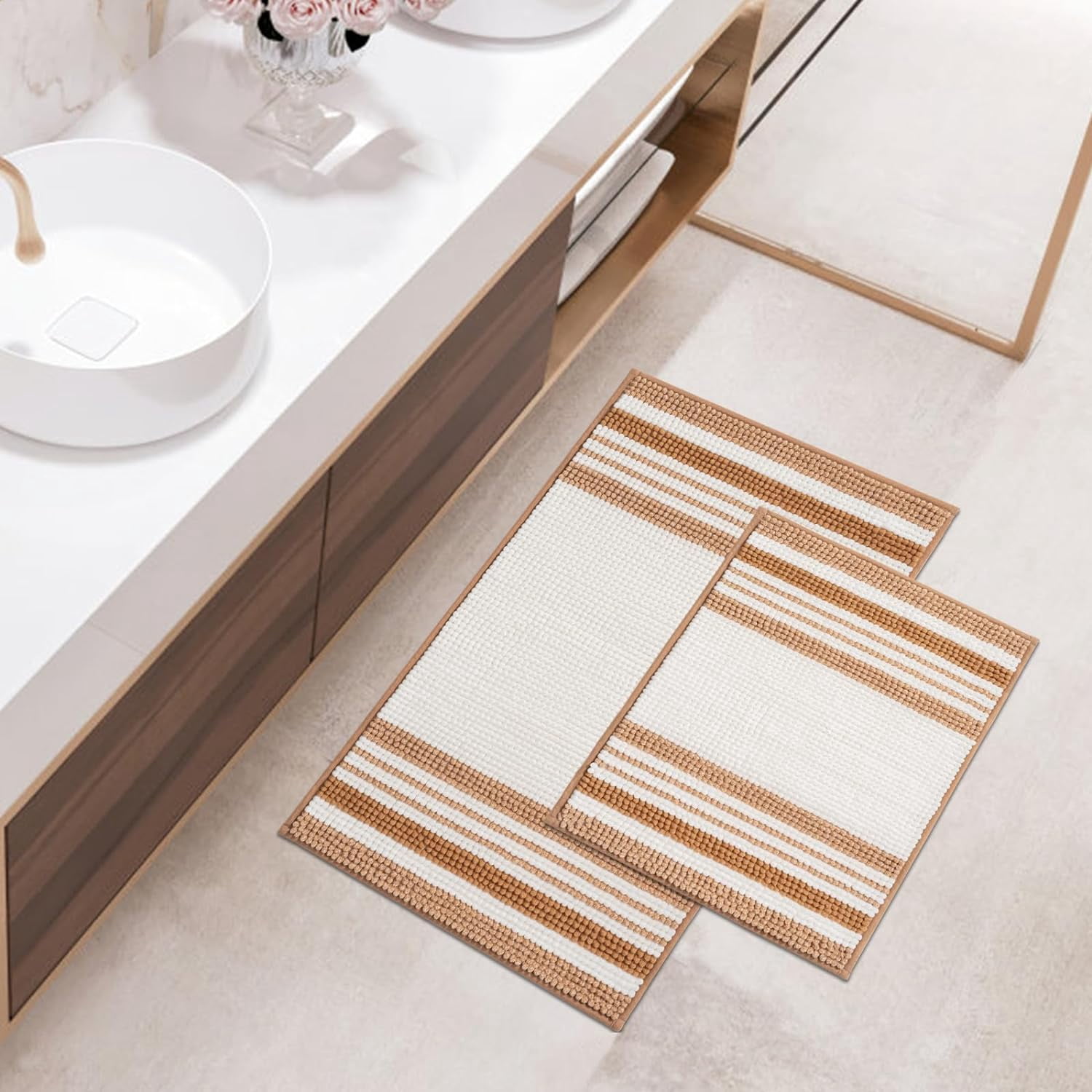 Stripe Chenille Bathroom Rugs Sets 2 Piece 17"x24"+20"x32", Bath Mats for Bathroom Non-Slip, Washable Boho Bath Rugs Set, Water Absorbent Shower Floor Mat, Persian Orange and White