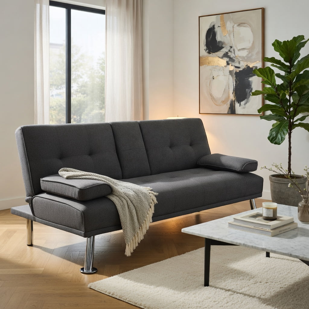 Hommoo Convertible Futon Sofa Bed with 2 Cup Holders – Linen Fabric, Iron & Pine Wood Frame, 3-Position Adjustable (Dark Gray)