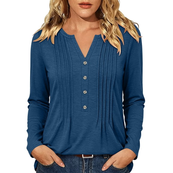 hoksml Everyday Essential Pleated Front Henley Top Women's, V Neck Long Sleeve 4-Button Tunic Blouse with Curved Hem and Casual Fit