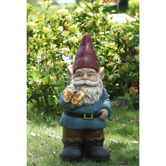 Hi-Line Gifts Standing Gnome Holding a Butterfly Outdoor Garden Statue - 18"