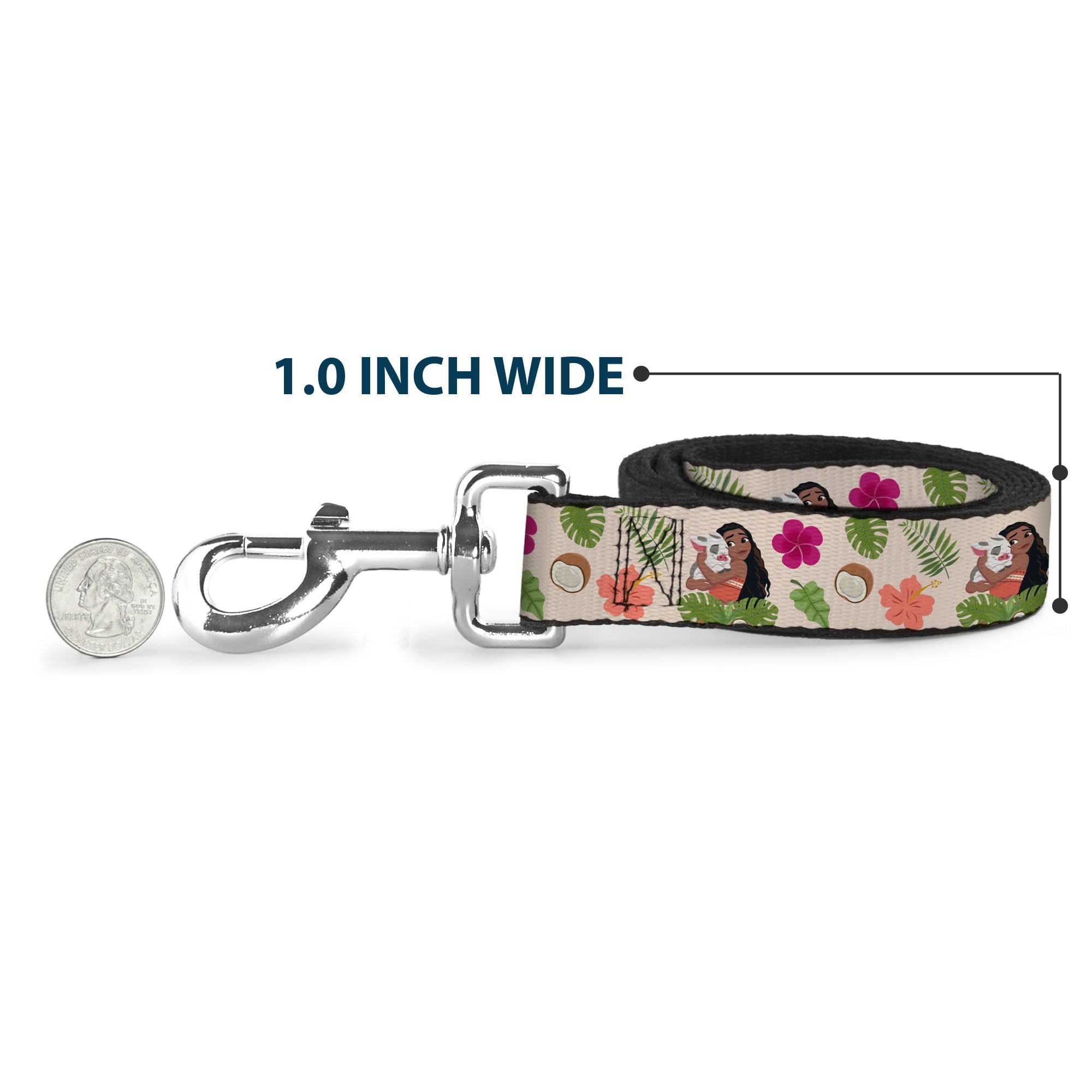 Disney Pet Leash, Dog Leash, Moana Hugging Pua Pose and Tropical Flora Beige, 6 Feet Long 1.0 Inch Wide