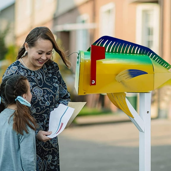 Large mouth Fish Mailbox, Fish Shape Iron Post Box, Large Metal Mail Box, Large Capacity Mailboxes, Fishing Lure Mailbox with Mounting Hardware for Outside of Residential Home