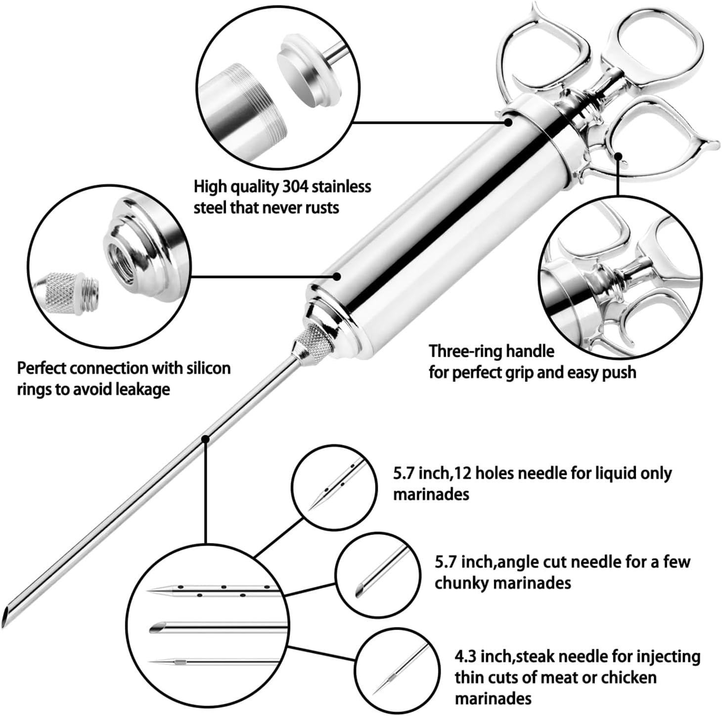 Meat Injector Syringe Kit, 2-oz Large Capacity Marinade Turkey Injector with 3pcs Stainless Steel Marinade Injector Needles for BBQ Grill Smoker & Turkey & Brisket