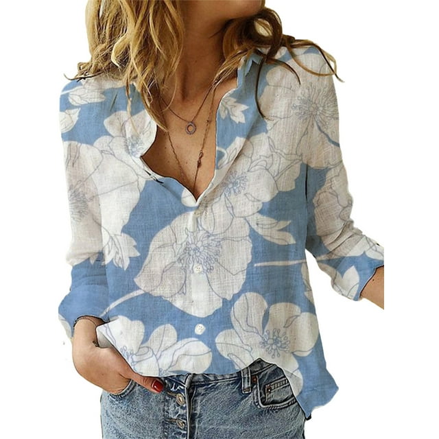 Daeful Hauts pour Femmes Chemises à Manches Longues Col à Revers Blouse Ample Bleu Fleur TTG