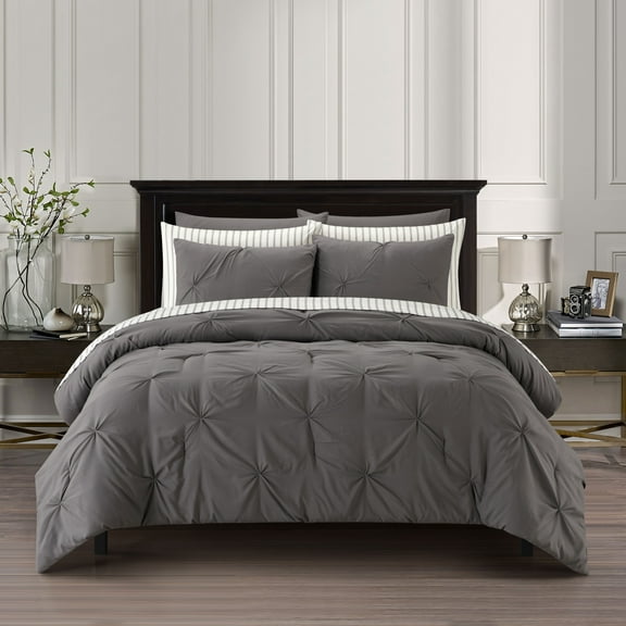 Sharper Image 9-Piece Grey Down Alternative Pintuck Bed in a Bag Set, Queen