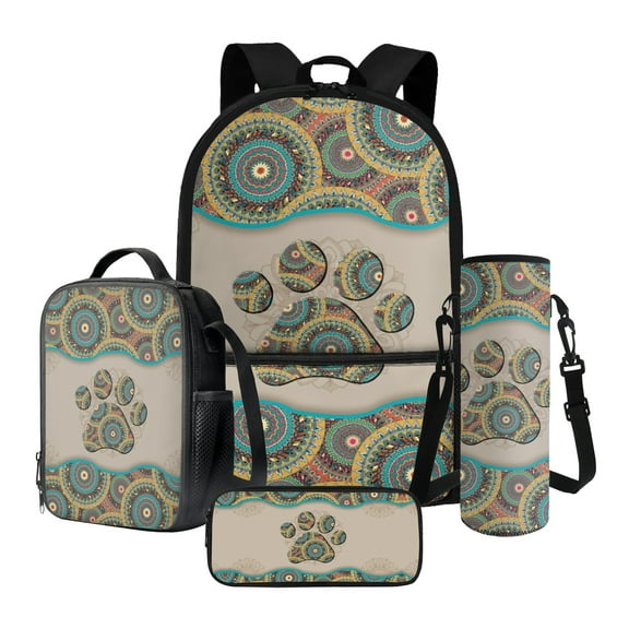 ZUXONGSY Boho Mandala Dog Paws Print School Bag Set for Boys Girls Kids Children Backpack Casual Daypack Rucksack Insulated Lunchbox Pencil Case and Water Bottle Holder 4 Piece for Teen Kids