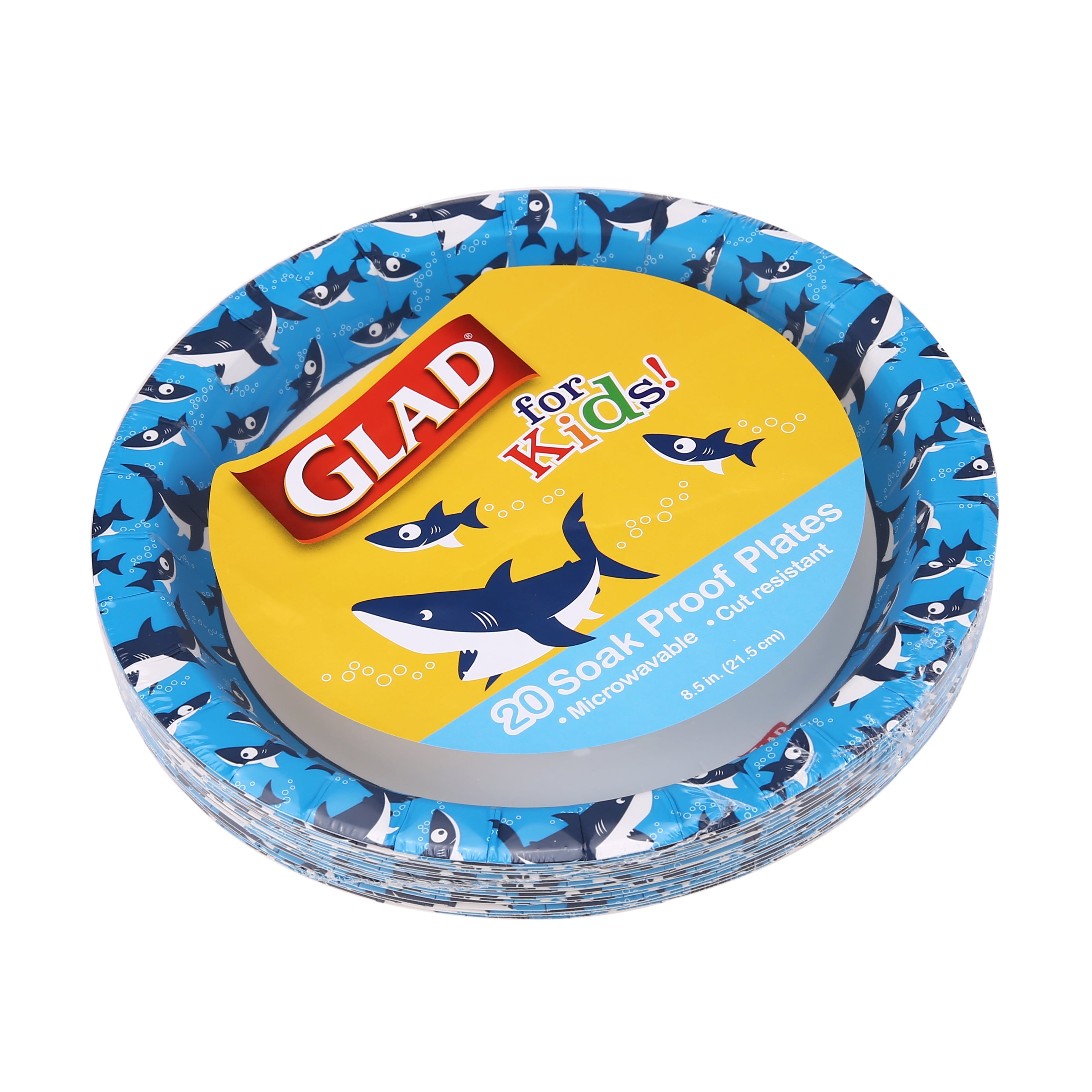 Glad Kids Sharks Round Paper Plates, 8.5", 3 pack (60 plates total)