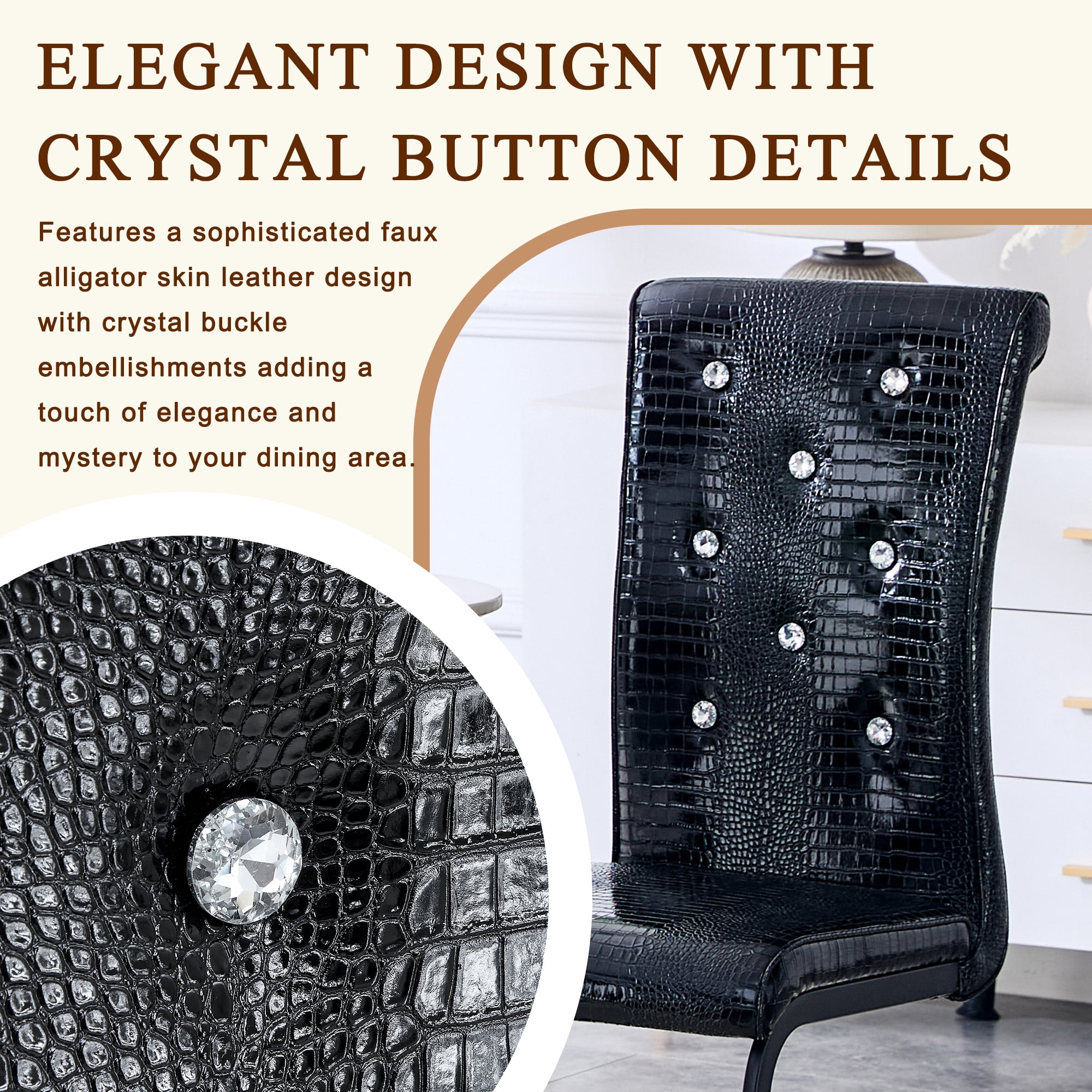 Aukfa Modern Dining Chairs Set of 2 , 400 lbs Heavy-Duty Faux Alligator Leather Kitchen Chairs with Crystal Button Tufted High Back,Black