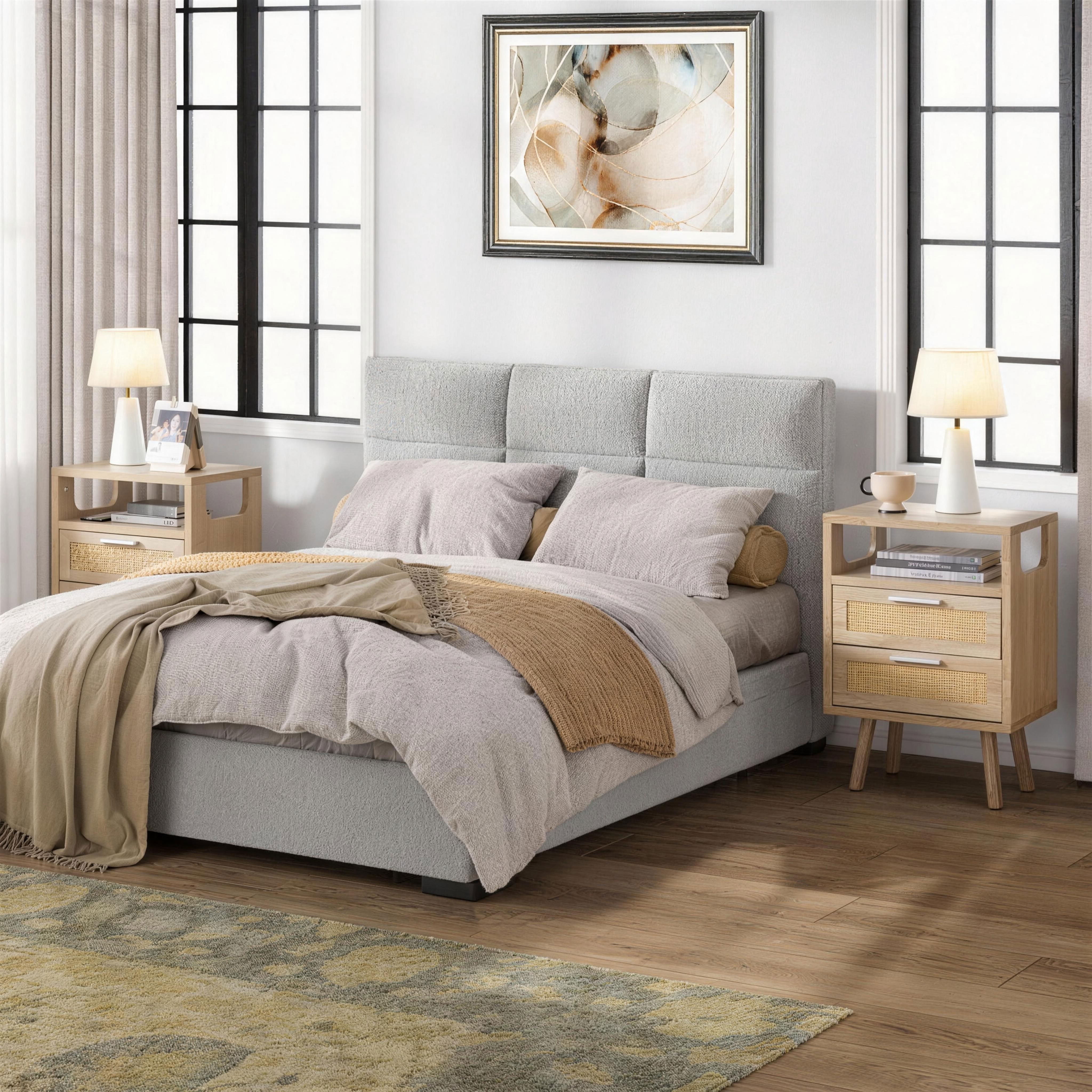 MAYEERTY Set of 2 Rattan End Tables with 2 Drawers and Open Shelf, Modern Wood Side Table with Tapered Legs, for Living Room Bedroom Small Spaces