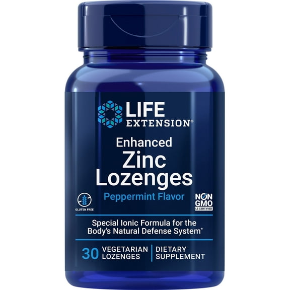 Life Extension Enhanced Zinc Lozenges, zinc acetate, optimal immune support, strong immune response, ionic zinc, non-GMO, gluten-free, vegetarian, 30 lozenges