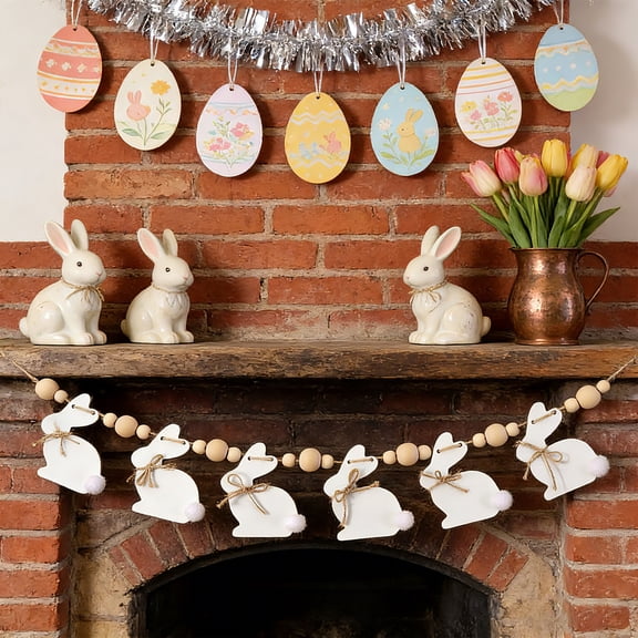 Bunny Garlands Easter Decorations, Cute Bunny Easter Garland with Wooden Beads, Rustic Banner for Mantel, Fireplace, Wall, Home, Farmhouse, Office, School Indoor Spring Decor Supplies