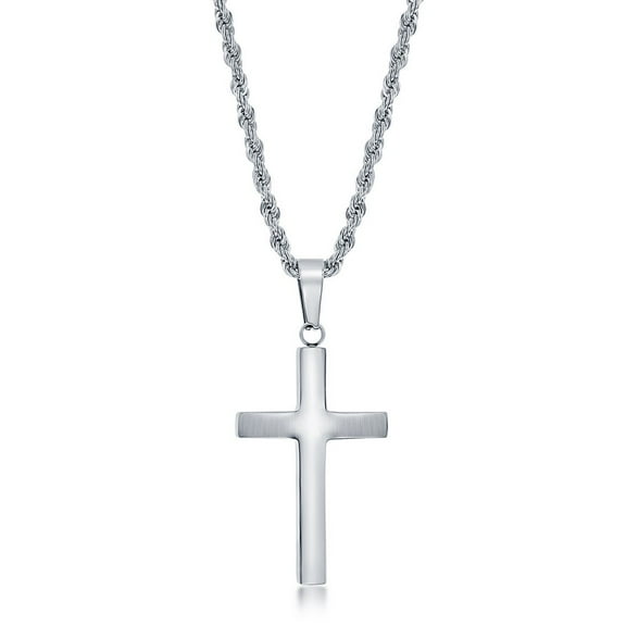 Men’s and Unisex Polished Cross Pendant Necklace | Stainless Steel 24” Rope Chain Necklace | Religious Jewelry for First Communion, Baptism, or Confirmation