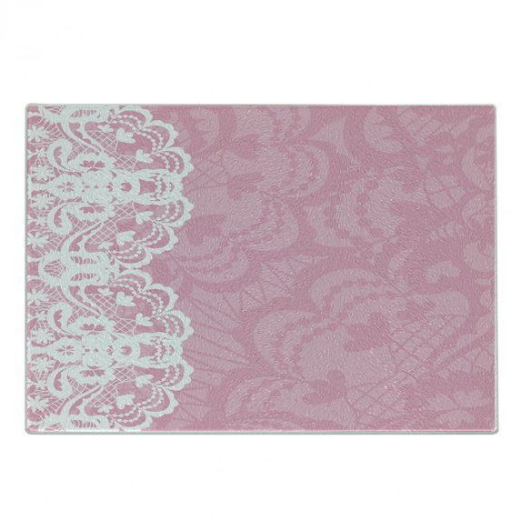 Pink and White Cutting Board, Vertical Floral Lacework Style Graphic Ornament Abstract Feminine Design, Decorative Tempered Glass Cutting and Serving Board, Small Size, Pink White, by Ambesonne
