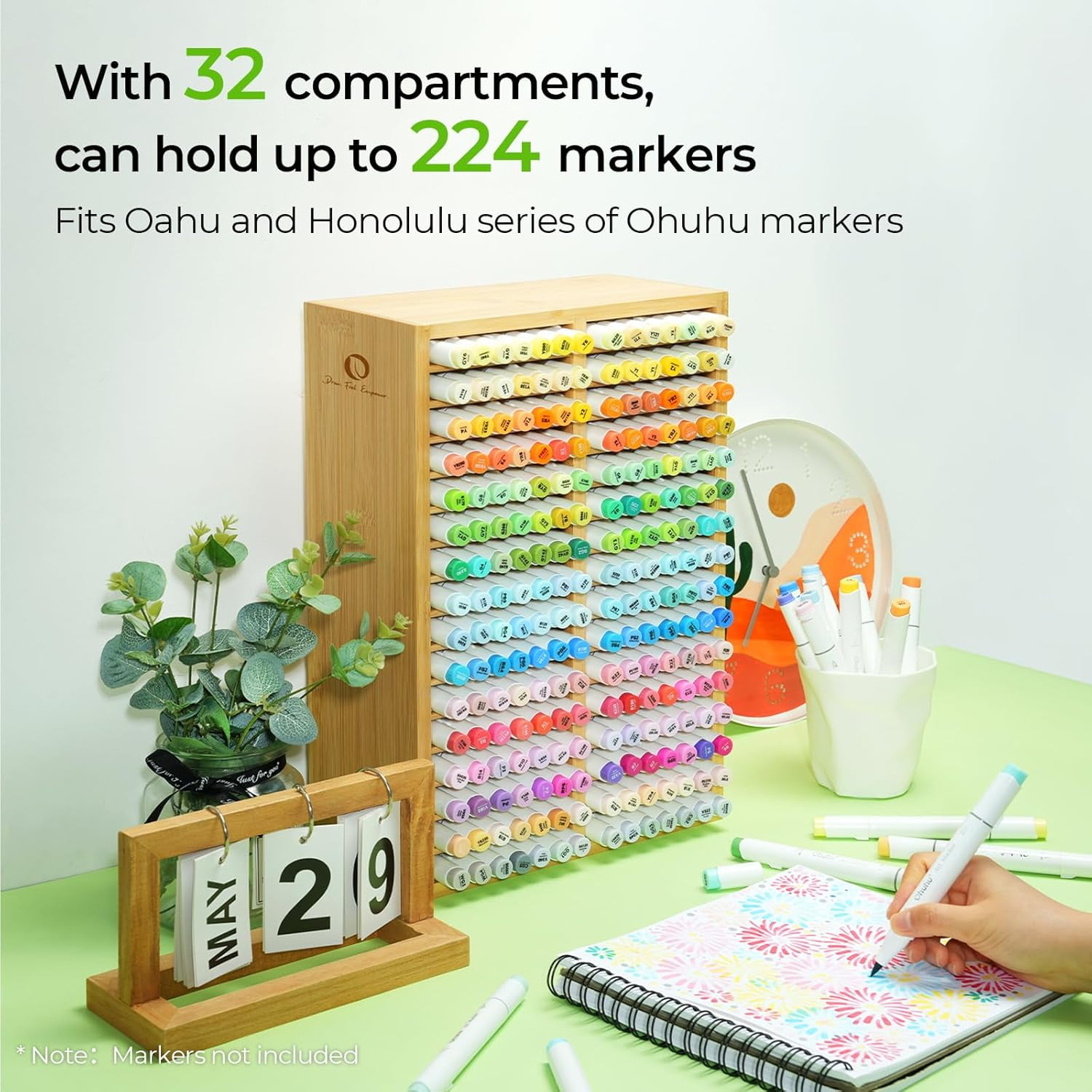 Ohuhu Bamboo Marker Organizer, Holds 224 Markers, 32 Compartments for Desktop, Pens, Oahu Series