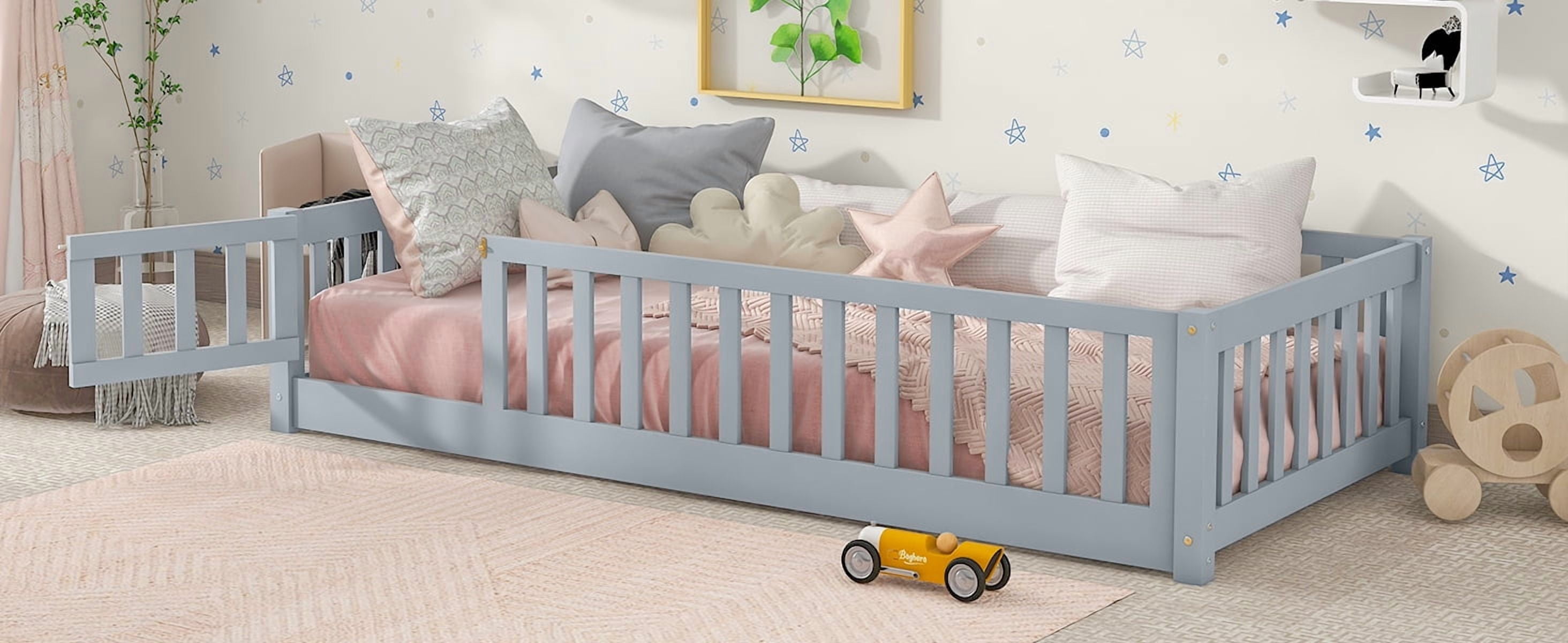 Sailvan Twin Floor Bed with Fence and Door,Solid Wood Kids Bed Frame for Toddlers Grey