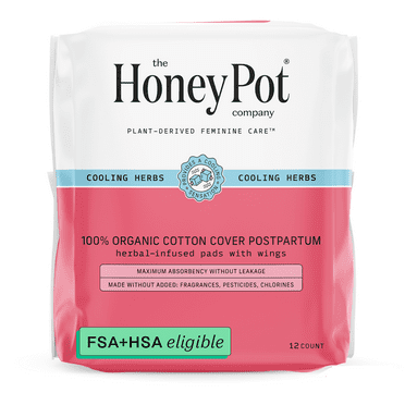 Honey Pot 100% Organic Cotton Cover Cooling Herbal Infusion Postpartum Pads, 12 Count 