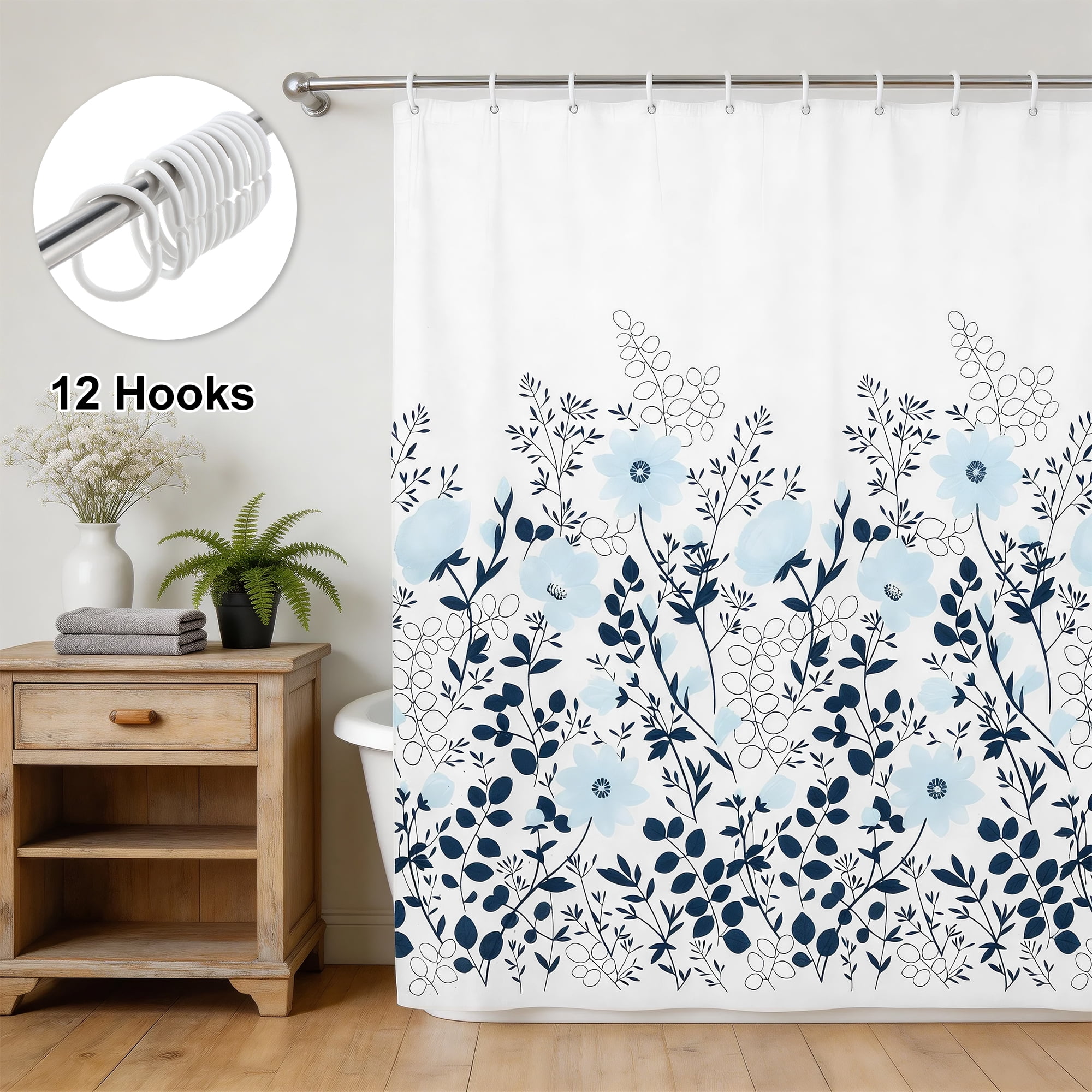 Unique Bargains Flower Shower Curtain 70.87x70.87 White Blue Set for Bathroom
