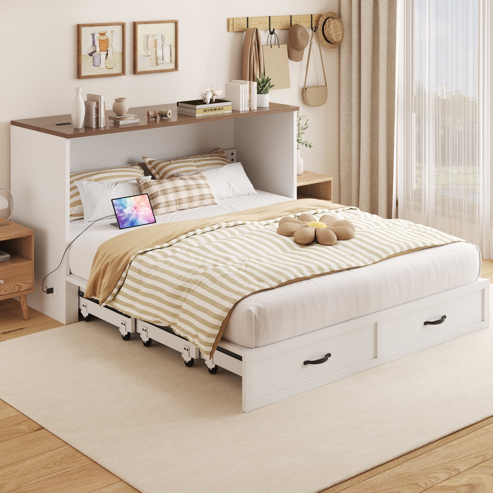 Lifezone Murphy Bed Frame with Charging Station, Convertible Chest Bed Cabinet, Space-Saving Design for Small Living Spaces