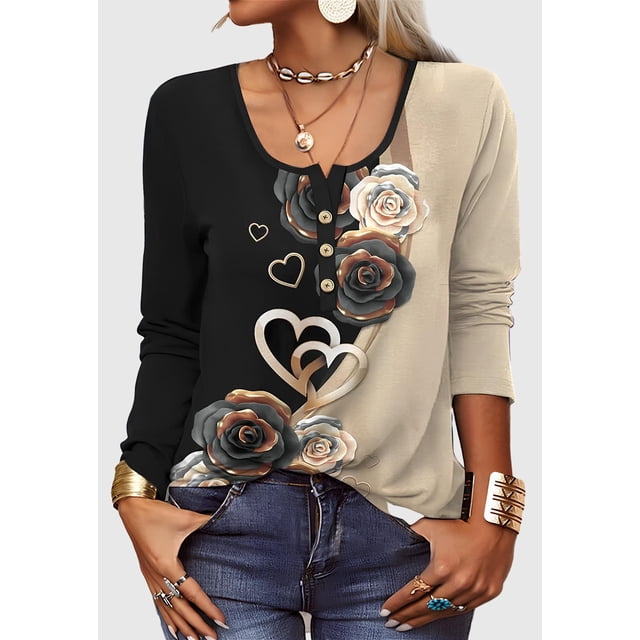 Camisetas de cuello redondo y manga larga para mujer, blusas tipo túnica, blusas estampadas