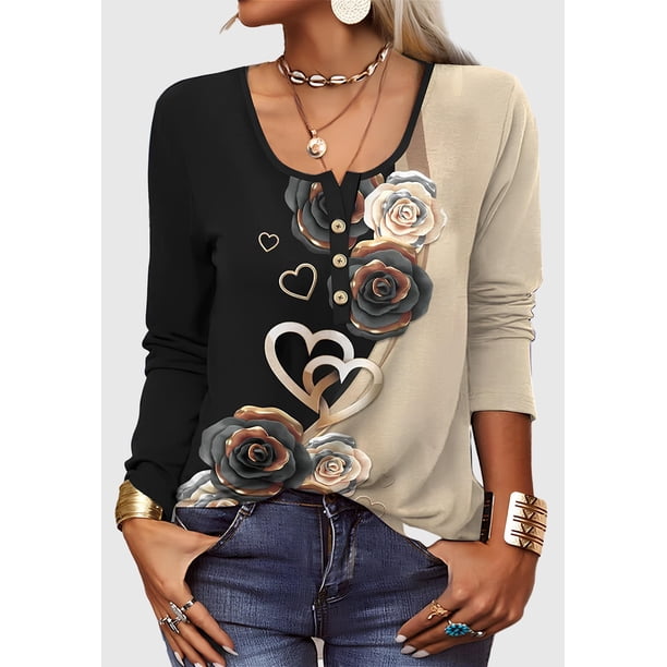 Camisetas de cuello redondo y manga larga para mujer, blusas tipo túnica, blusas estampadas