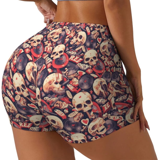 Fotbe Skull rock record artist Shorts Sin Costuras – Shorts Deportivos de Cintura Alta para Mujer, Elásticos para Gimnasio, Yoga, Running o Ciclismo-Medium