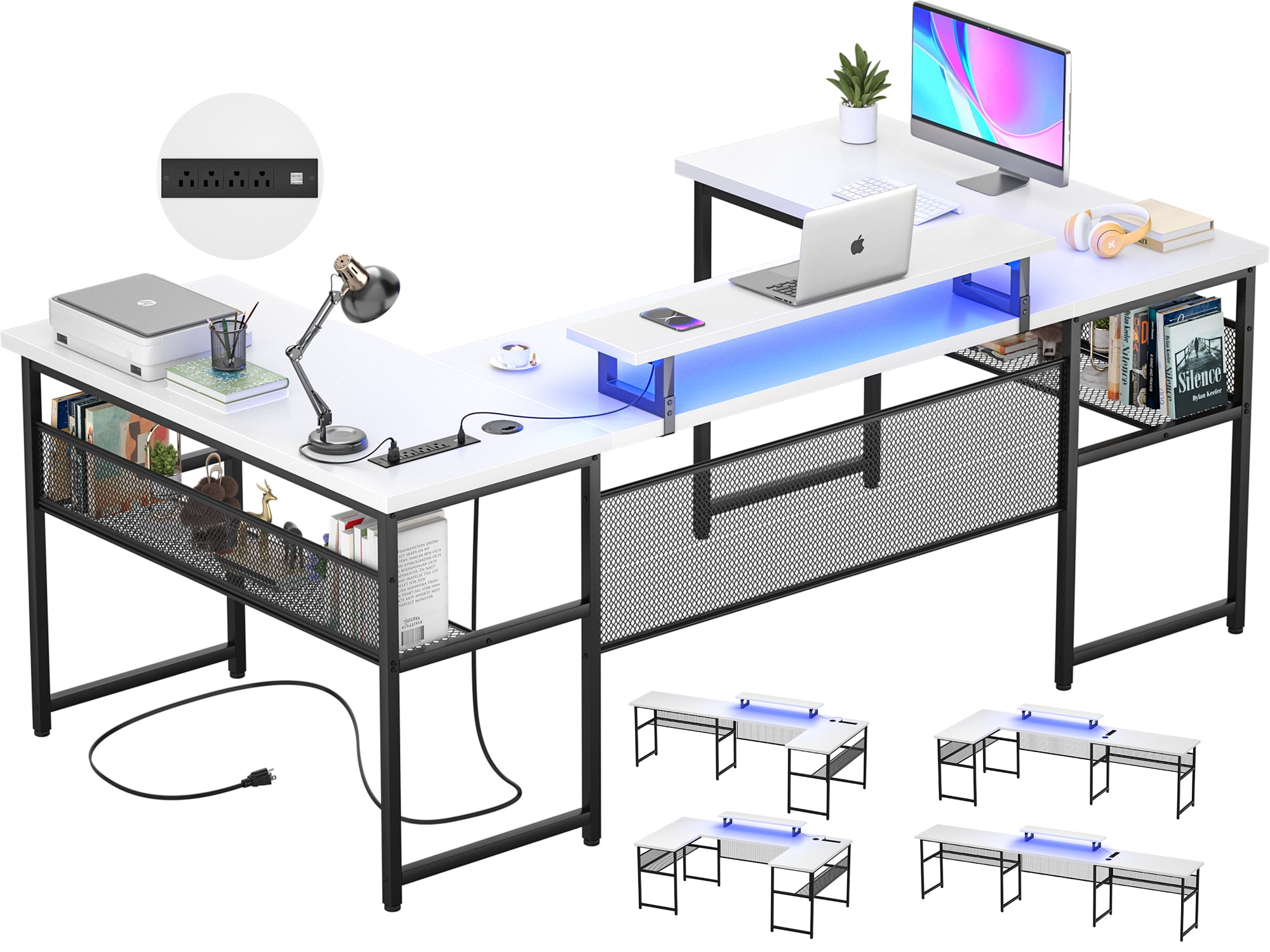 Homieasy U Shaped Computer Desk Reversible Office Desk With Led Strip