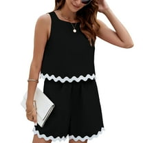 SWSMCLT Women's Cute 2 Piece Set Summer 2 Piece Slit Pocket Matching Set Short Fashion Casual Scallop Sleeveless Black Medium