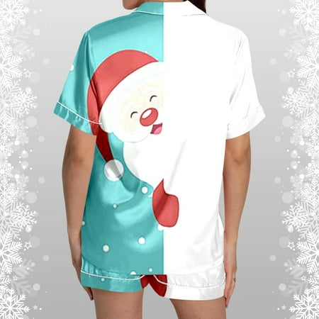 JIANJIA Womens Pajama Sets Christmas Snowman Print Silk Satin Lapel V Neck Short Sleeve Button Tops With Shorts Sleepwear Nightwear