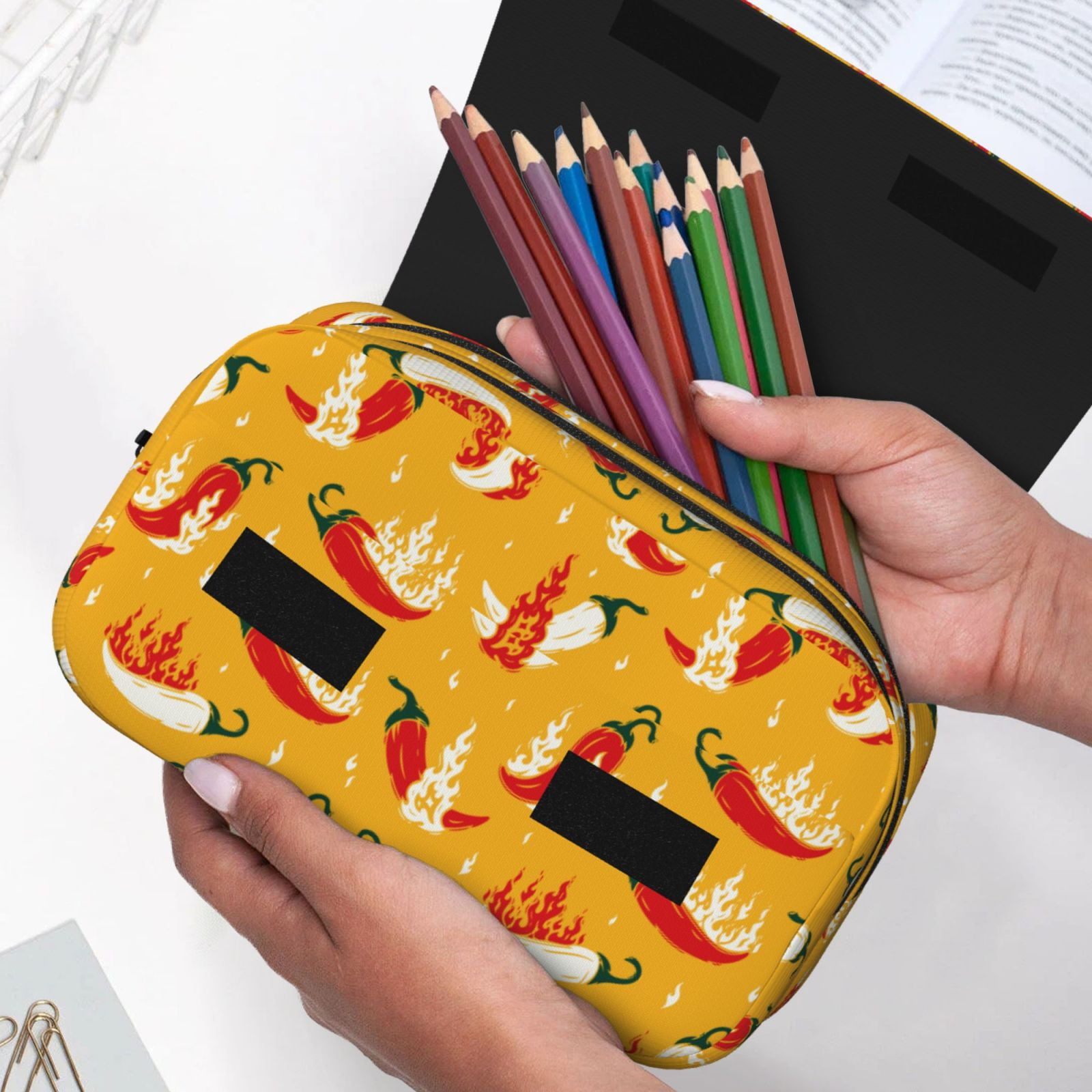 Rateoe Hot Chilli Pattern Double Clamshell Pen Case, Storage Organizer with Two Zipper Compartments– Holds Up to 50 Pencils & Pens