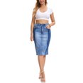 thumbnail image 2 of INSPIRE CHIC Women's Jean Skirt Color Block Patchwork Raw Hem Slit Back Knee Length Denim Skirts S Blue, 2 of 6