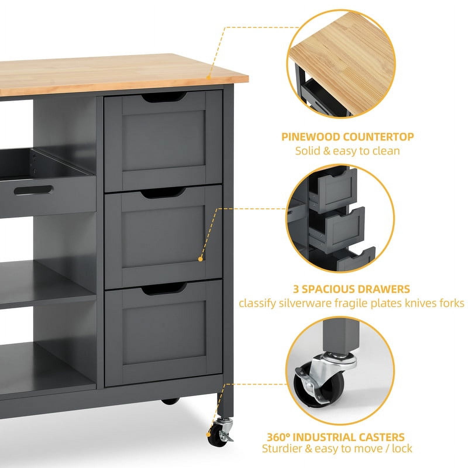 DWVO 3 Tier Kitchen Island Cart with Storage, Rolling Kitchen Cart with Large Countertop, Opening Shelves and Drawers for Kitchen Dining Room, Gray