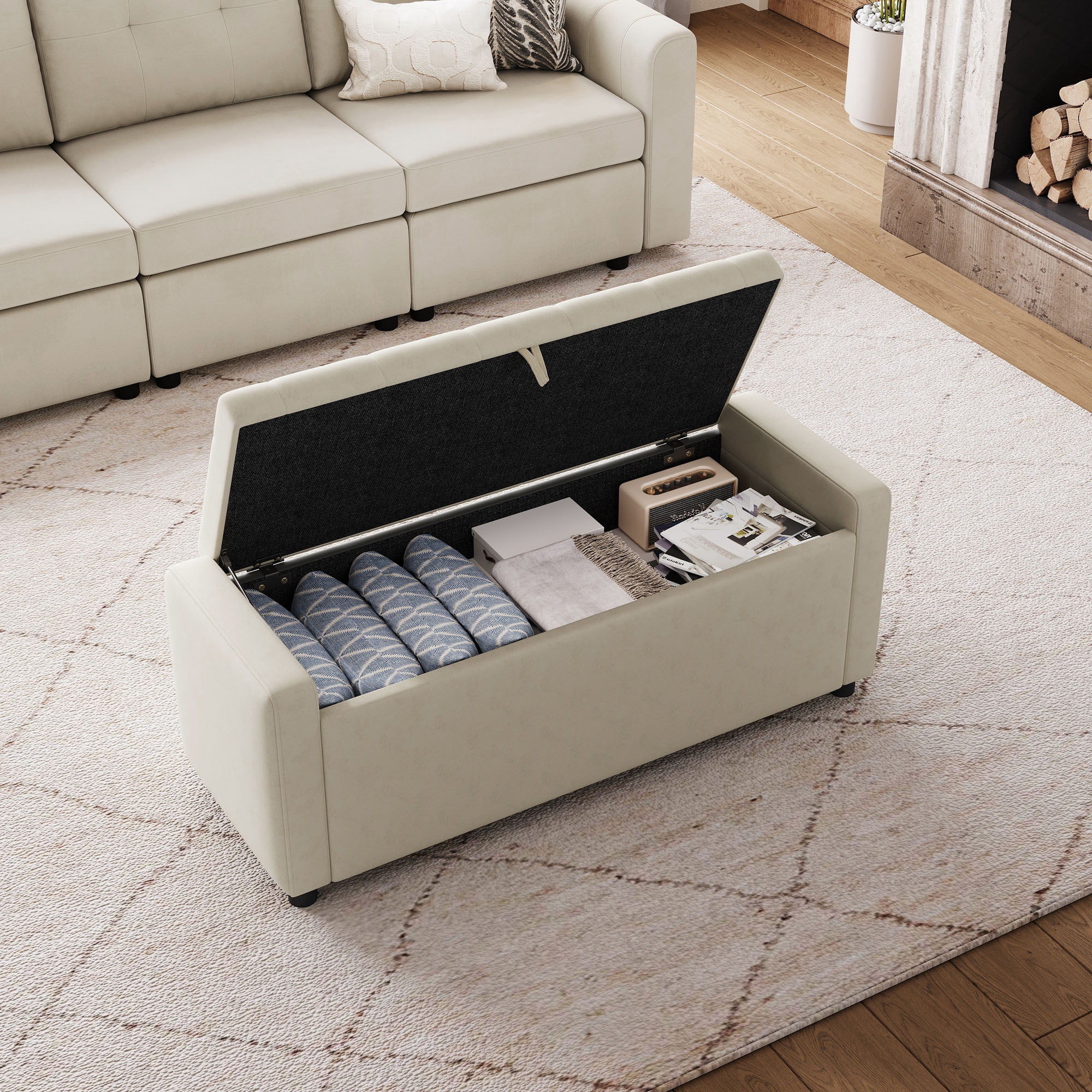 Linsy Home 50" Ottoman with Storage for Living Room, Velvet Storage Ottoman Bench with Gas Lift, Beige