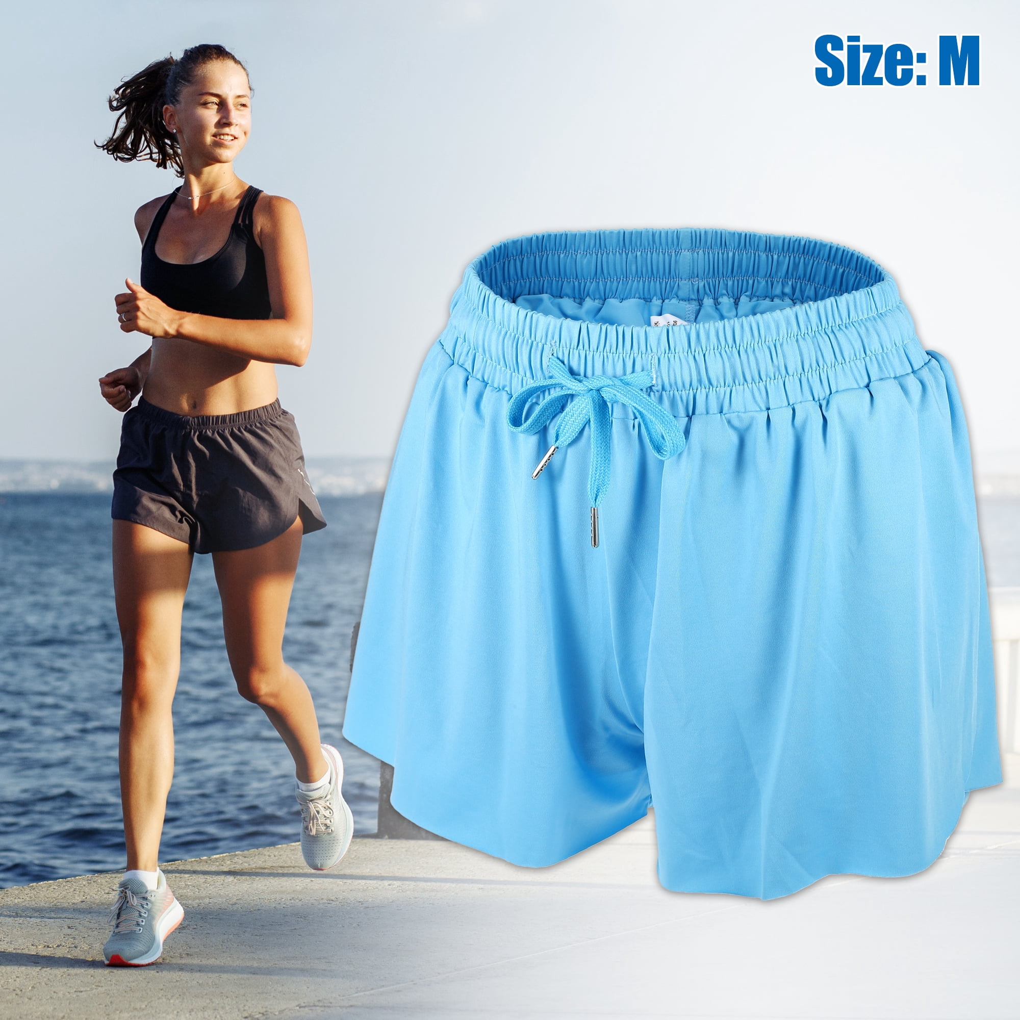 Unique Bargains Women Flowy Running Shorts Casual High Waisted Workout Shorts Blue Size M