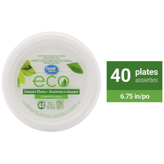 Great Value Eco Assiettes à Dessert Compostables, 40 Assiettes