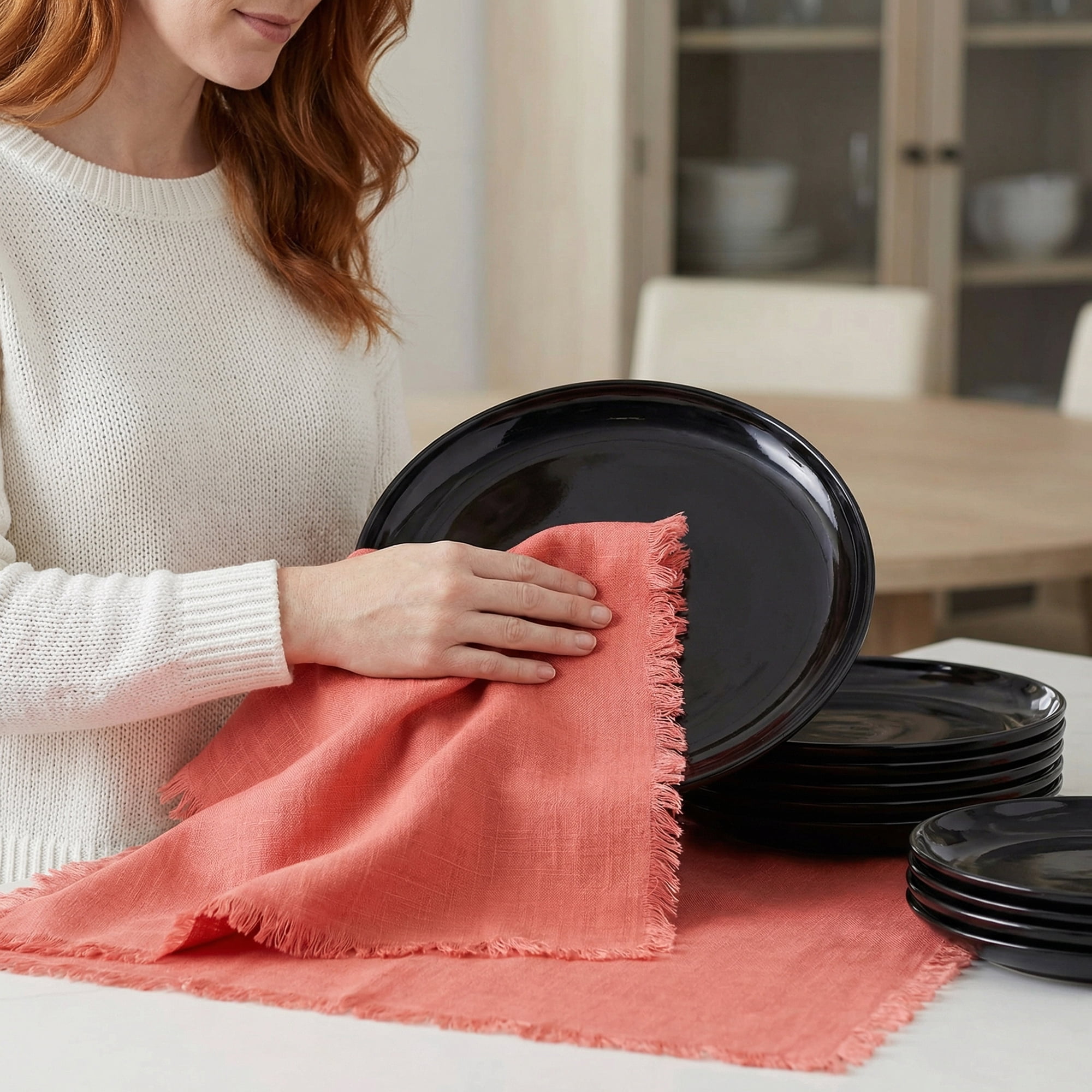 Unique Bargains Soft Absorbent Cotton Linen Kitchen Towels 4 Pack Orange/Pink 18" x 18"