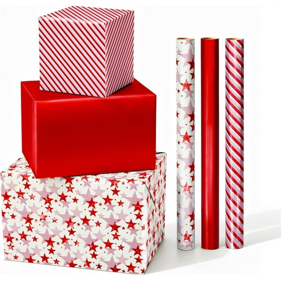 Triani 3Roll Christmas Wrapping Paper Rolls 9.84Ft*16.92 Inch Red Star Stripe Foil Gift Wrapping Paper Roll Fade Resistant Decorative for Christmas Holiday Home