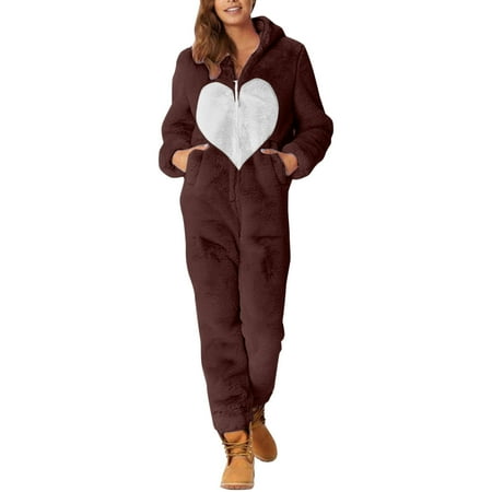 

Pxiakgy Women s Artificial Wool Long Sleeve Pajamas Casual Solid Color Zipper Loose Hooded Jumpsuit Pajamas Casual Winter Warm Rompe Cute Sleepwear Brown + L