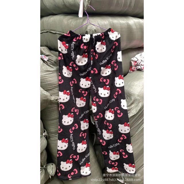Sanrio-Pijama de Hello Kitty para mujer, pantalones de franela negra, Kawaii, de lana blanca, con dibujos animados, informales, para el hogar, a la moda, otoño