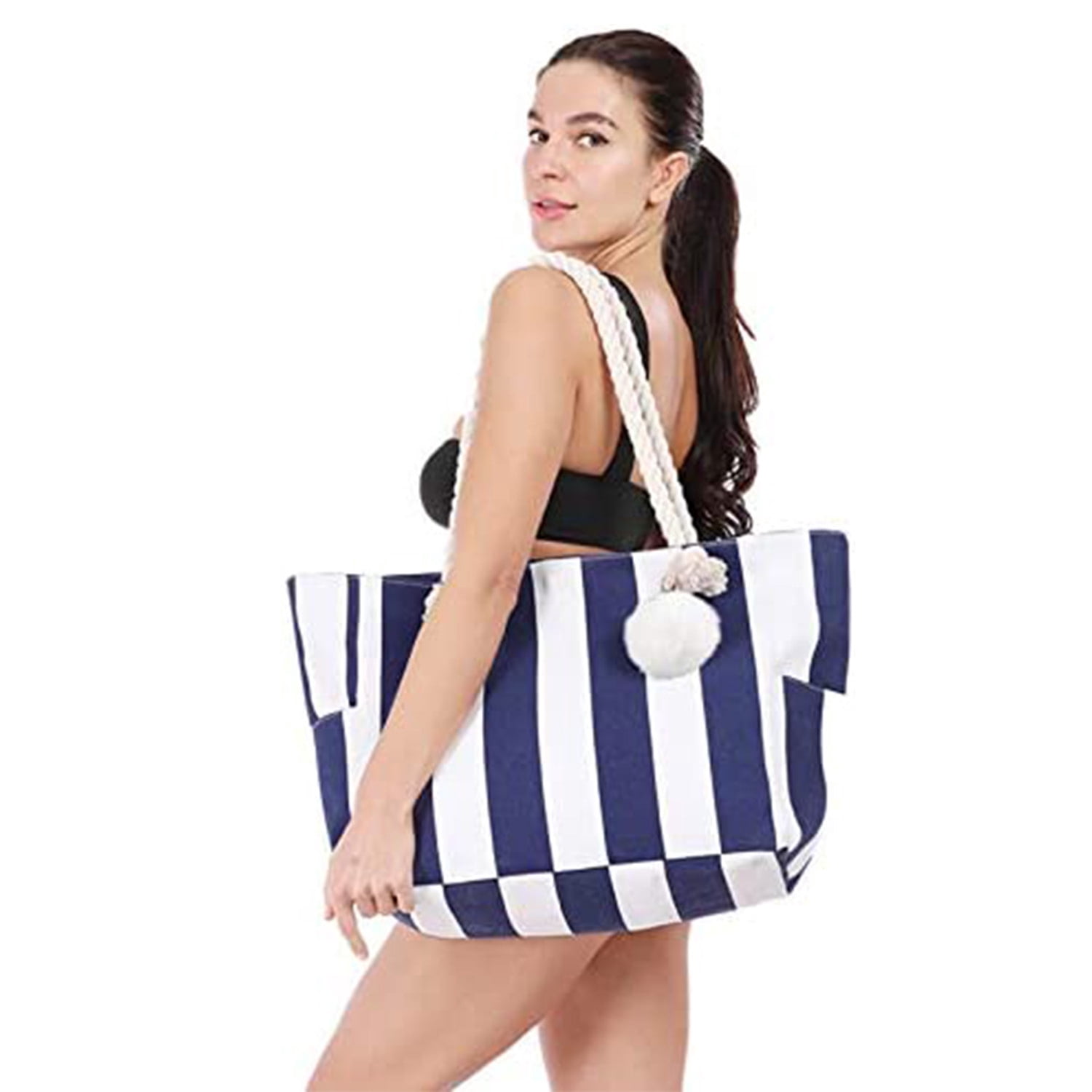 Extra Large Beach Bags Totes Women Waterproof Sandproof Big Tote Bag Zipper Inner Pockets Rope Handle Canvas with Zip Closure Swim Pool Gym Picnic Travel Weekend Accessorie Striped Blue Handbag Gifts