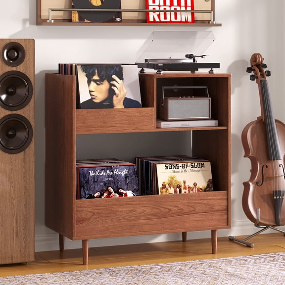 BROTTAR Mid Century Modern Record Player Stand,2-Tier Vinyl Record Storage | Fits 7/10/12 Inch Vinyl Records, Open Turntable Storage Table, for Living Room & Music Corner,Brown