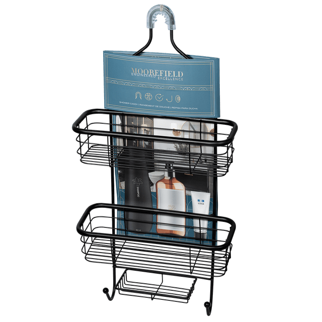 Moorefield Panier de Douche Suspendu Moderne à 3 Niveaux, Col Antidérapant et Ventouses, Sans Perçage, Noir Mat