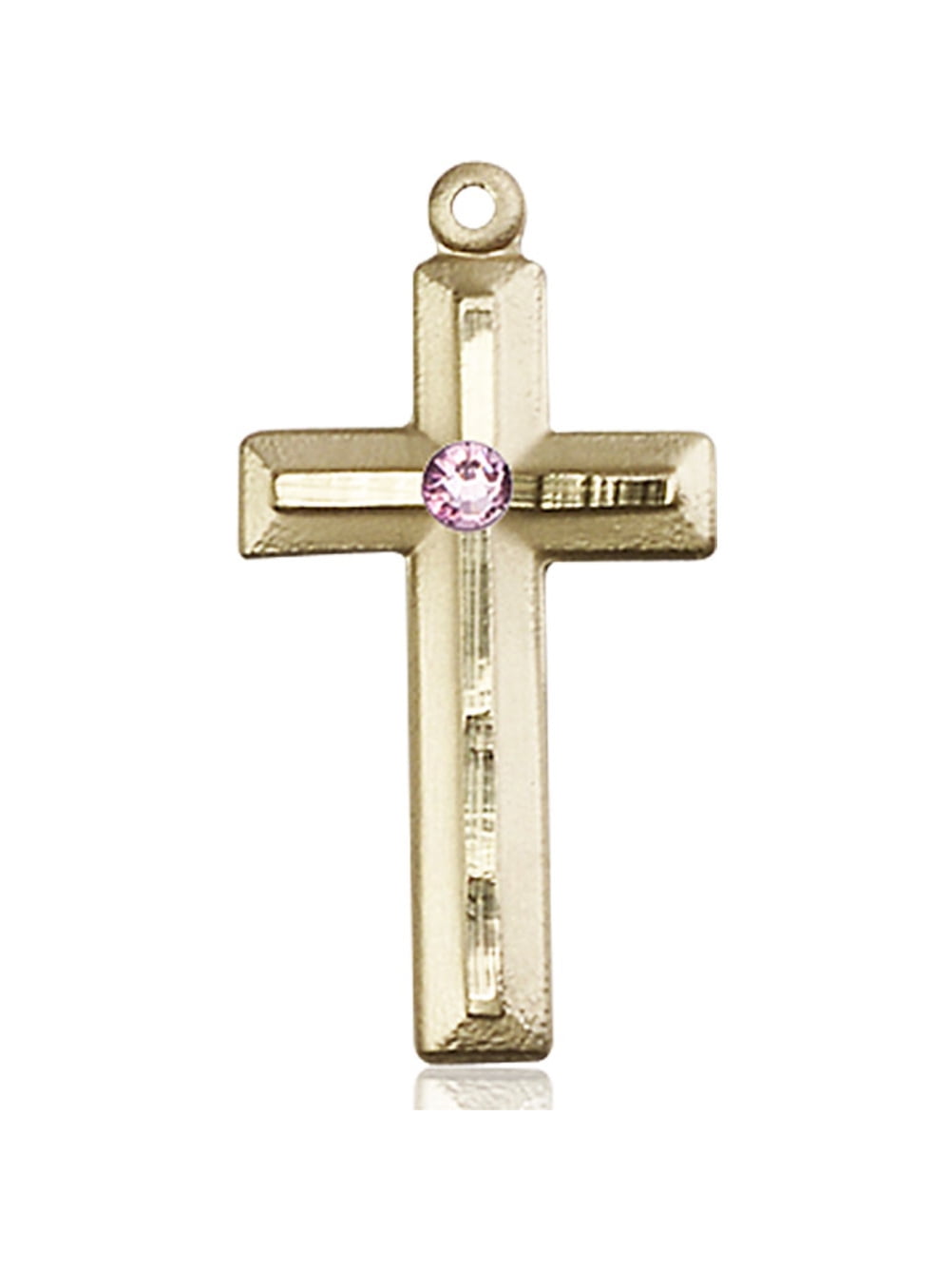 14kt Yellow Gold Cross Medal with 3mm Light February Purple Swarovski  Crystal 1 1/8 x 1/2 inches