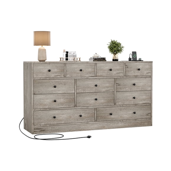 12 Drawer Dresser for Bedroom - 61" Long Modern Wooden Chest with Power Outlet - Spacious Storage Organizer & TV Stand - Great for Nursery, Closet, Living Room - Antique Light Colour