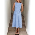 thumbnail image 5 of Blue And White Gingham Boat Neck Sleeveless A-Line Midi Dress, Woven Fabric, Relaxed Casual Elegant Style, 5 of 5