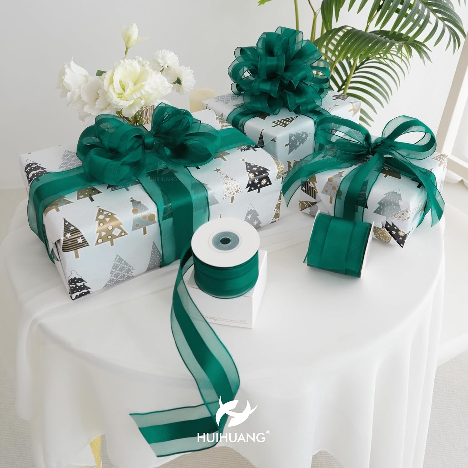 Green Sheer Christmas Ribbon 2.5 inch Hunter Green Wired Organza Ribbon with Satin Stripe, for X-mas Tree, Bows Making, Wreaths, Gift Wrapping, Wedding Home Decor-Continous 10 Yards