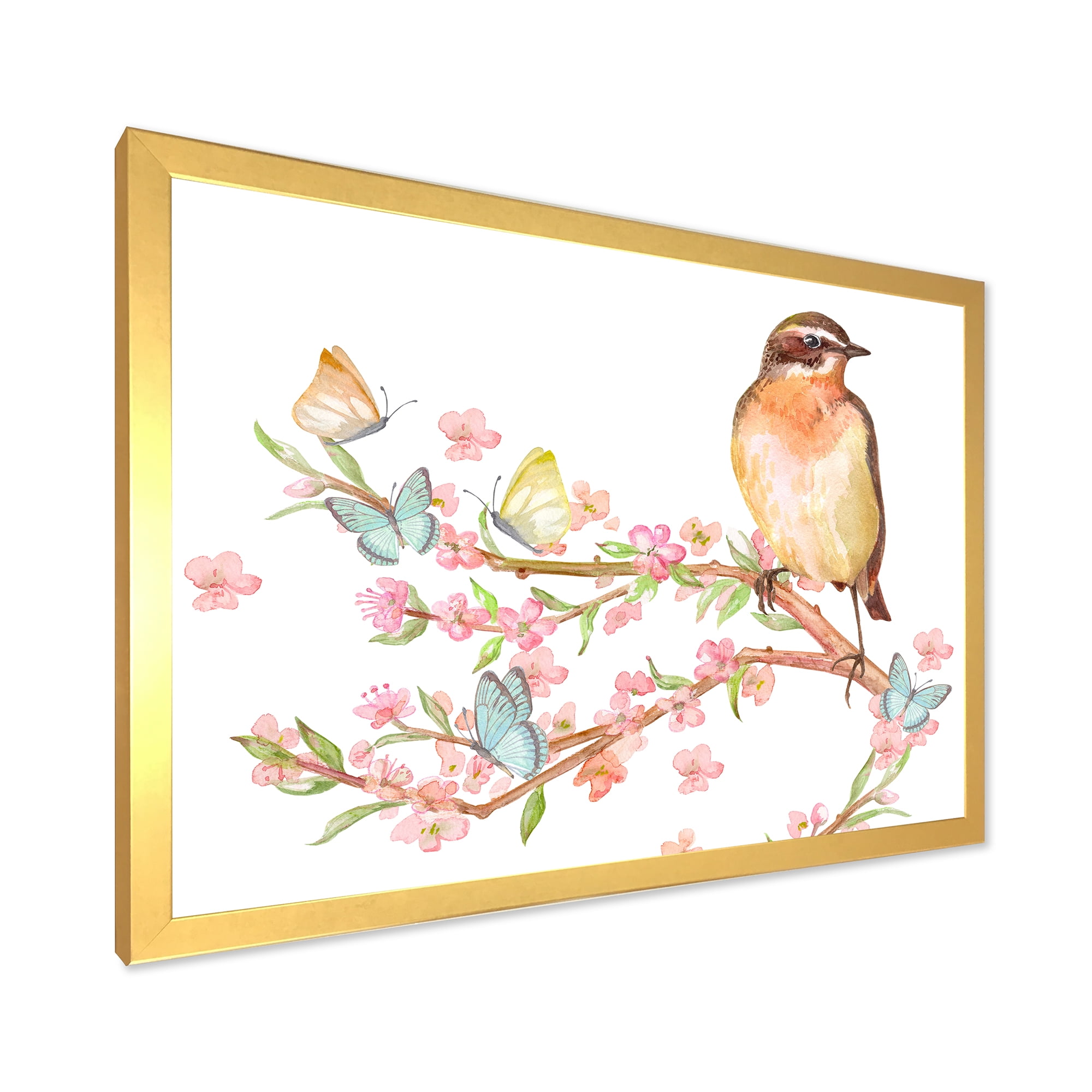 Designart 'Lovely Bird Sitting On Branch of Sakura With Butterflies' Traditional Framed Art Print