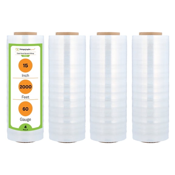 PSBM Cast Hand Stretch Wrap 15" x 2000' 4 Rolls 60 Gauge Clear Plastic Shrink Film for Packing Moving Packaging and Wrapping