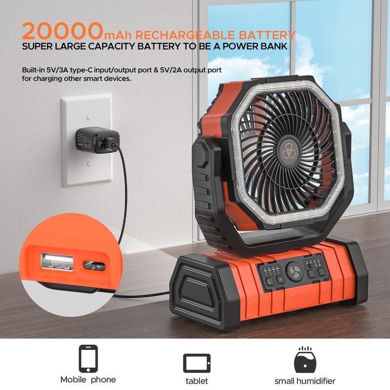 Cordless 20000mAh Rechargeable Portable Camping Fan with LED Lights, Remote Control, Foldable Hook, 4-Settings Wind Speeds, USB-C Port