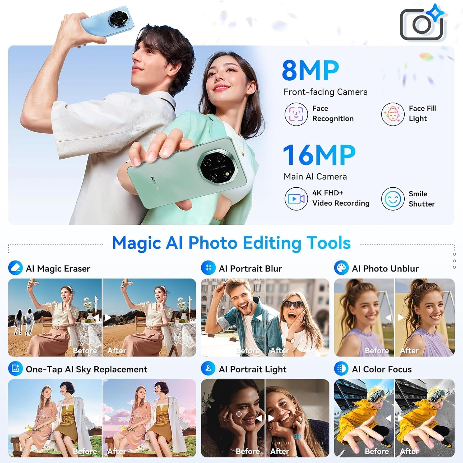 Blackview Shark 6 Unlocked Android Phones 5G (2025), Android 15 Cell Phone Unlocked, 6.88" 120Hz Display, 24GB+128GB/2TB, 16MP+8MP AI Camera, 5000mAh/18W,Fingerprint/Face ID,Dual SIM/GPS/OTG/NFC,Blac